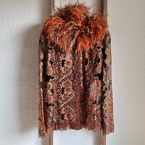 Valentino Sheer Lace Ostrich Feather Collar Blouse NWT Sz: 10